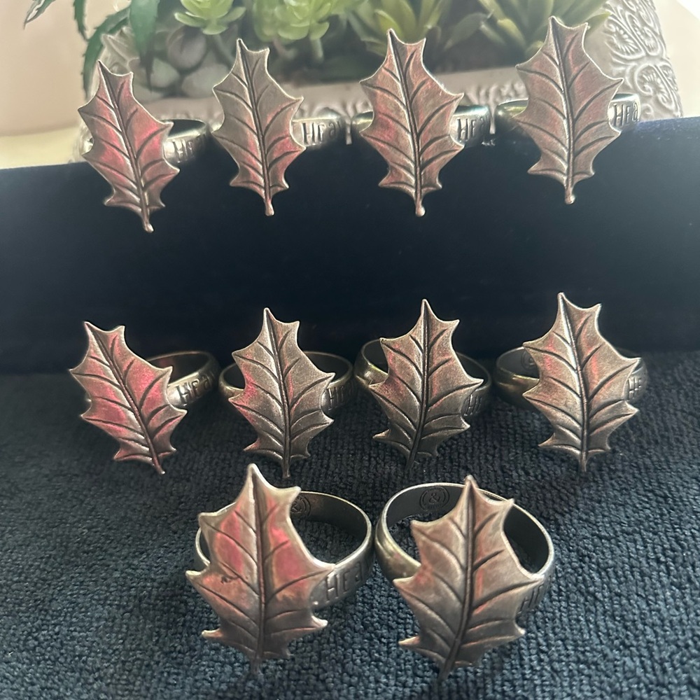Mary & Martha Pewter Engraved HEAVENLY PEACE Set Of 10 Fall Leaf Napkins Rings